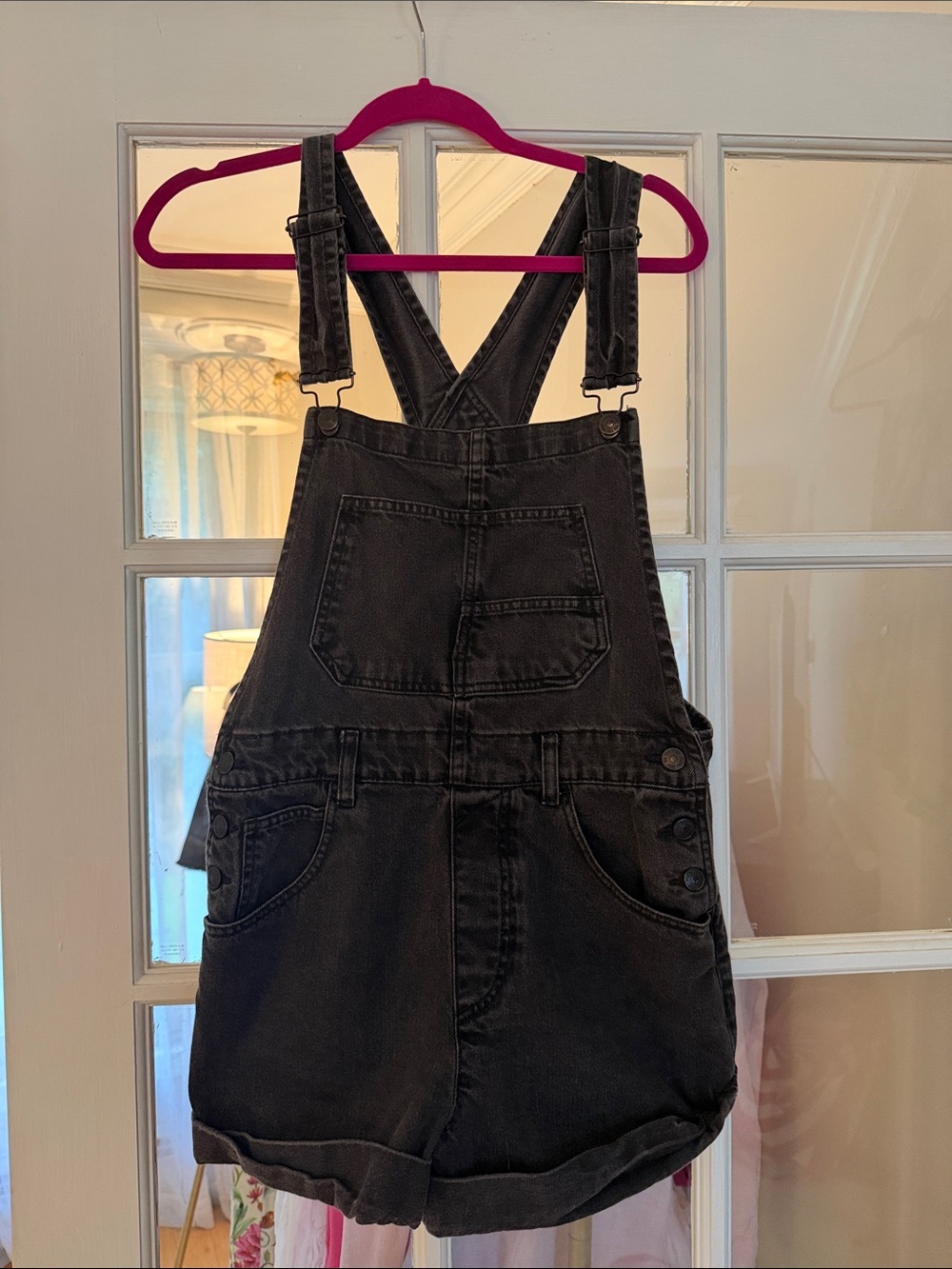 Free People Black‎ Denim Short Overalls